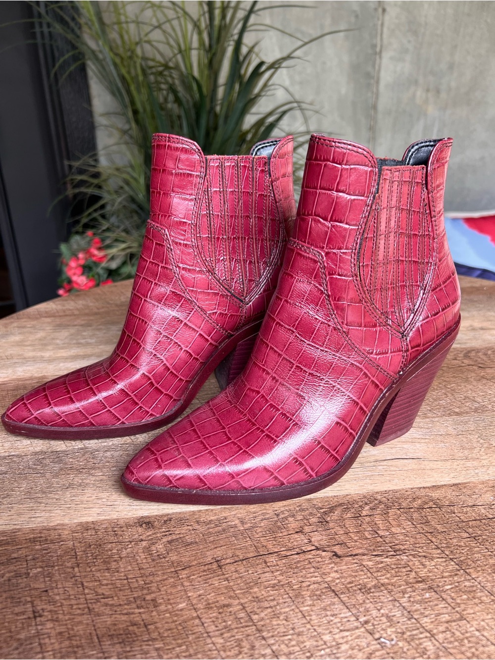 Rebecca Minkoff Burgundy Croc-Embossed Leather Ankle Boots